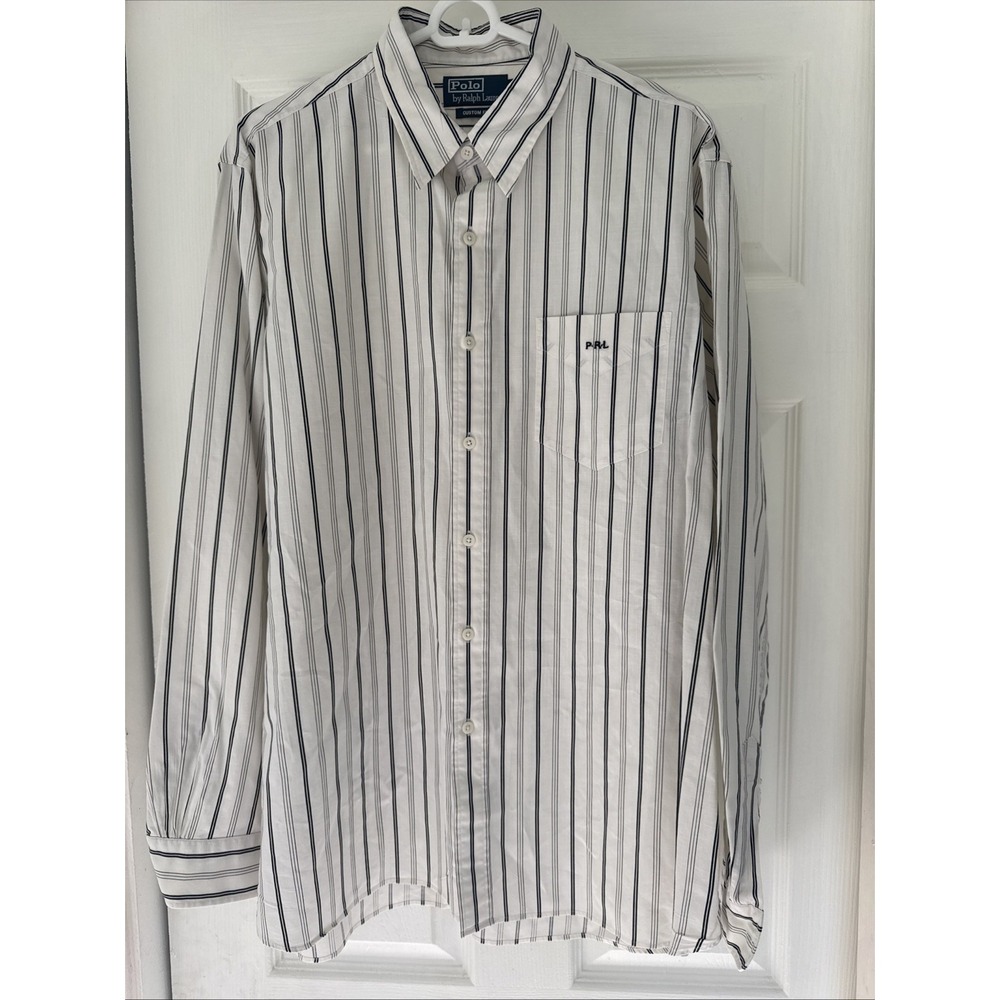 Polo Ralph Lauren Shirt Mens Large Button Up Stripe Monogram Logo PRL VTG